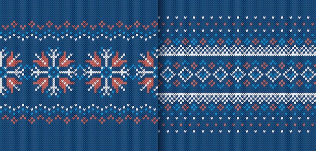 Christmas knitted print Holiday seamless ornament Set of Xmas winter patterns Festive crochet Vector