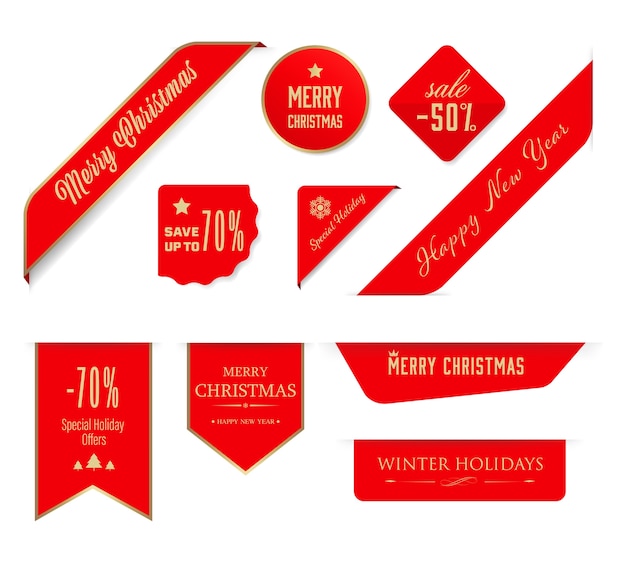 Christmas label and christmas red banner tag set.