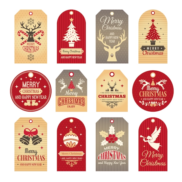 Christmas labels. Holiday tags and badges with funny winter new year elements and  snow illustrations