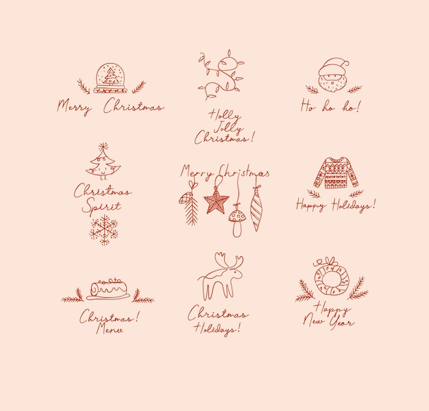 Christmas labels with lettering drawing in hand sketch style on peach background