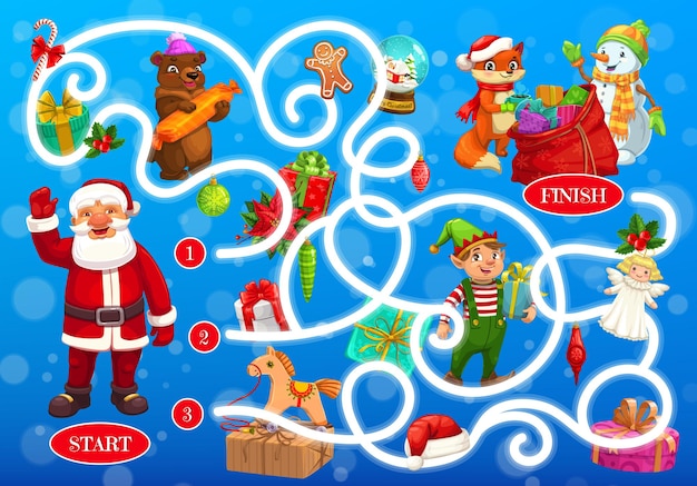 Vector christmas labyrinth maze with fairytale characters