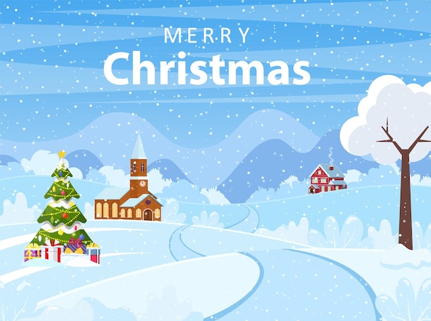 Christmas landscape background with snow and tree