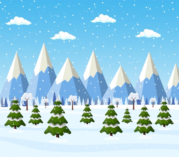 Vector christmas landscape background with snow and tree