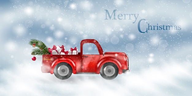 ベクトル 上に木とレトロな赤い車のクリスマスの風景カードのデザイン。