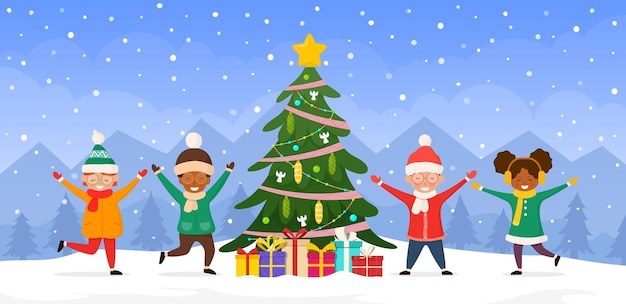 Рождественский пейзаж с елкой и детьми. зимний фон на рождество и новый год.