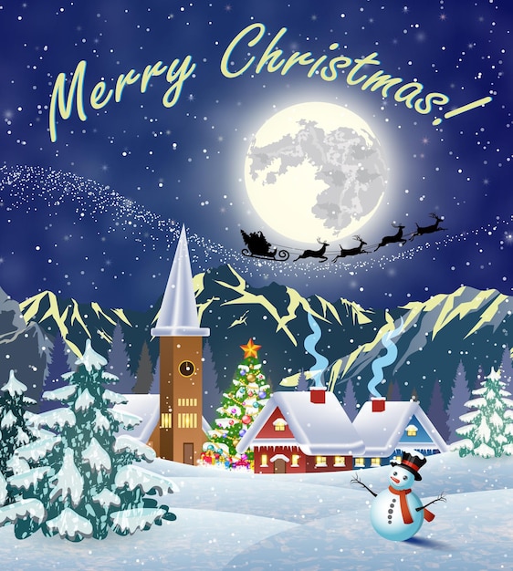 Christmas landscape with christmas tree and snowman with gifbox. background with moon and the silhouette of Santa Claus flying on a sleigh. concept for greeting or postal card, vector illustration