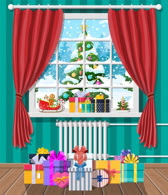 Christmas landscape with forest in window. Interior of room with gifts. Merry Christmas scene