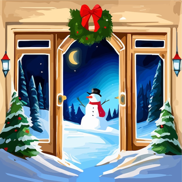 Christmas landscape with open doors covered by snow firs and snowman cartoon vector illustration