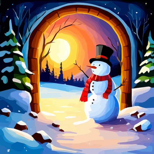 Christmas landscape with open doors covered by snow firs and snowman cartoon vector illustration