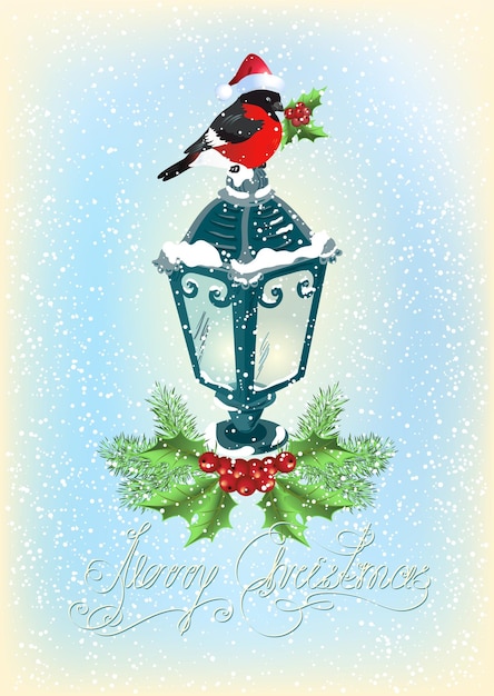 Christmas lantern with bullfinch in Santa hat spruce and on snow background in retro style