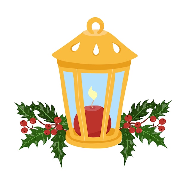 Christmas lantern with candle and holly on white background.