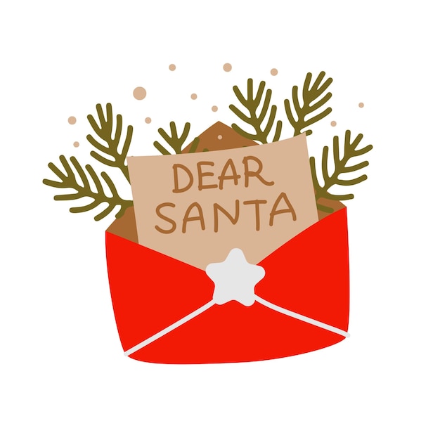 Christmas letter in an open envelope for Santa Tree branches Vector illustration in flat style