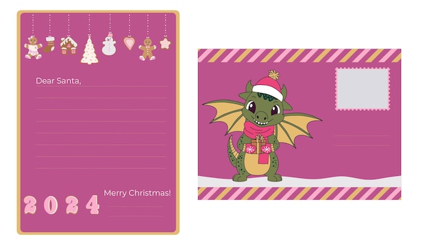 Christmas letter template to Santa Claus and envelope Decorated sheet of paper and envelope with illustration of dragon symbol of 2024 Vector illustration Vector