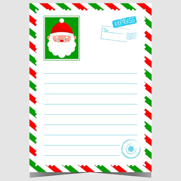 Vector christmas letter template with cartoon santa character portrait and north pole stamp