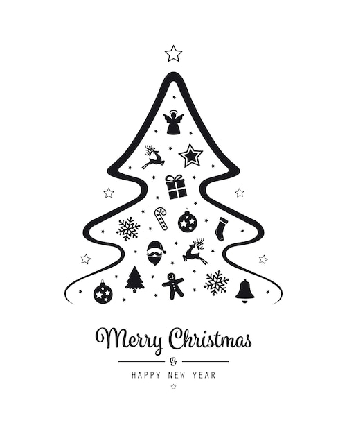 Christmas lettering tree black elements isolated background