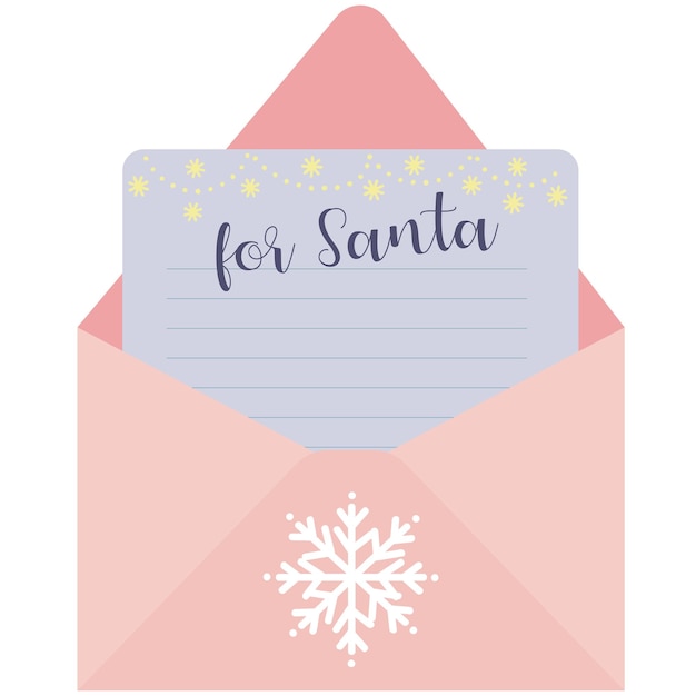 サンタの開いた封筒にクリスマスの手紙。サンタ クロースへの子供たちのメッセージ。