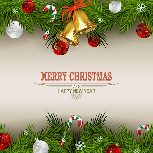 Рождественская световая композиция с еловыми ветками, колокольчиками, посохом и шарами со снежинками