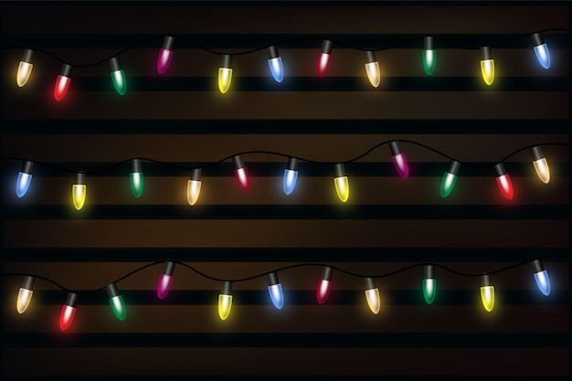 Christmas light on wooden background holiday decorations with colorful lights illustration