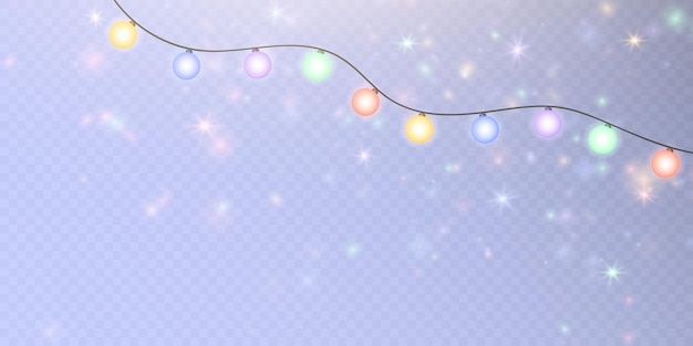 Christmas lights Bright golden Christmas glowing garlands with sparks and glare