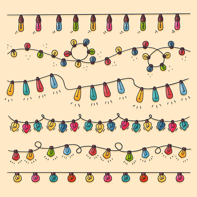 Christmas lights collection handdrawn, vector illustration. Cute cartoon hand drawn style