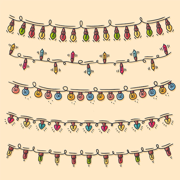 Christmas lights collection handdrawn, vector illustration. Cute cartoon hand drawn style