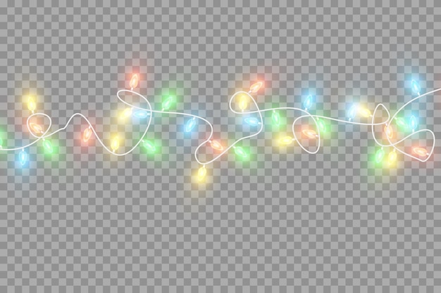 Christmas lights Colorful Christmas garlands Vector red yellow blue and green glow light bulbs on wires isolated