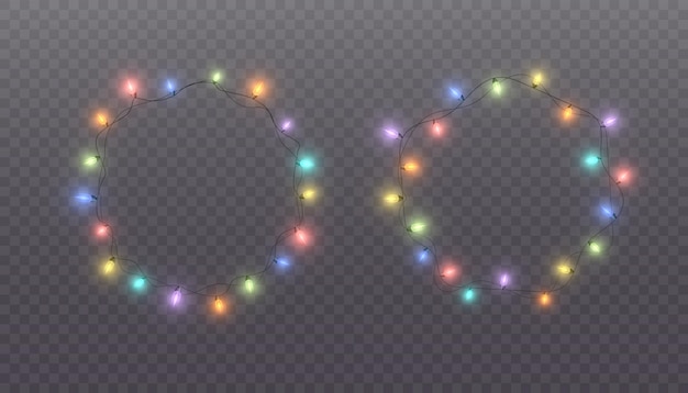 Christmas lights. Colorful glowing garlands. Bright, yellow, flickering light bulbs on the wires. Ve