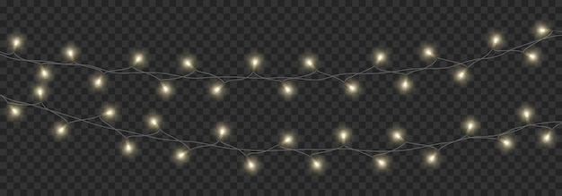 Christmas lights on dark transparent background. glowing golden garland lights. led neon lamp. bright decoration for xmas cards, banners, posters, web design. realistic vector illustration