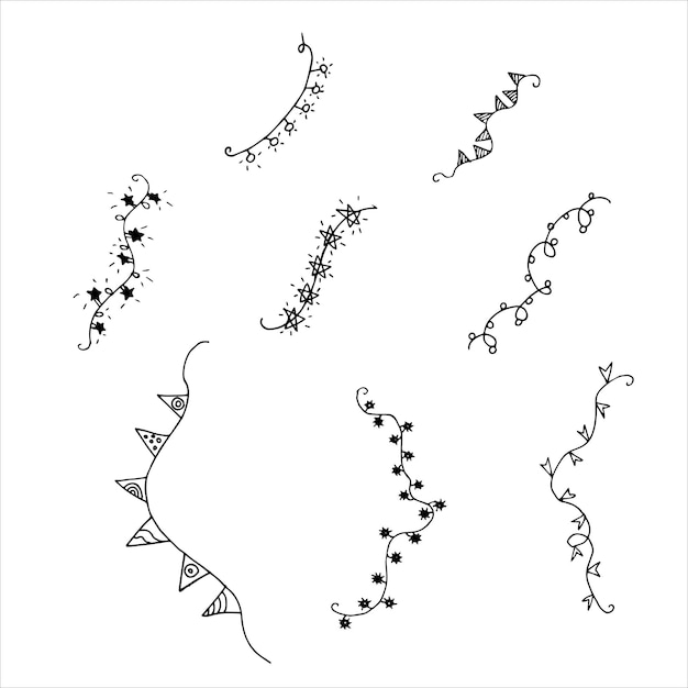 벡터 크리스마스 조명 낙서. 장식 세트, 화환. 스트링 조명. 흰색 b에 검은색 낙서