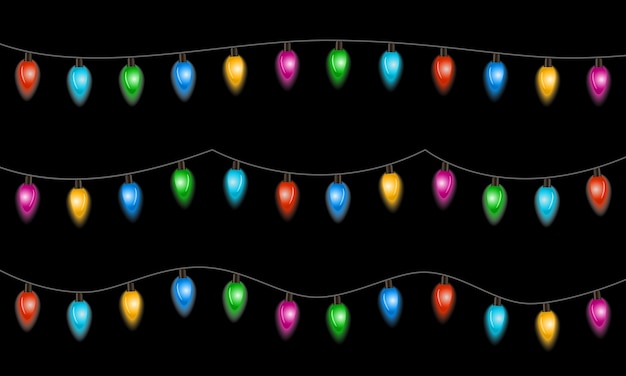 Christmas lights isolated on black background. Set of xmas glowing garland with colored bulbs and transparent light. Vector illustration