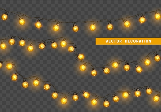 Christmas lights isolated decoration garland. Lamps shining colored Neon led bulb. Xmas holiday decor. Realistic 3d design light effect. Lamps garlands New Year decorative element. vector illustration