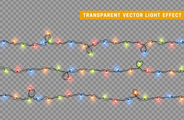 ベクトル クリスマス ライトは、装飾ガーランドを分離しました。色付きのネオンが輝くランプは、電球を導きました。クリスマスの休日の装飾。リアルな 3 d デザインの光の効果。ランプは新年の装飾的な要素を飾ります。ベクトル イラスト