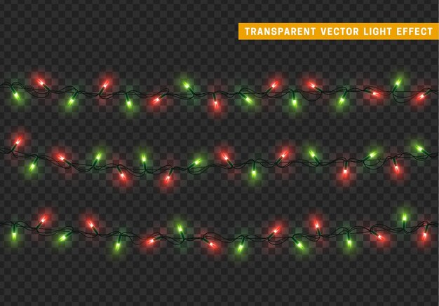 ベクトル クリスマス ライトは、装飾ガーランドを分離しました。色付きのネオンが輝くランプは、電球を導きました。クリスマスの休日の装飾。リアルな 3 d デザインの光の効果。ランプは新年の装飾的な要素を飾ります。ベクトル イラスト