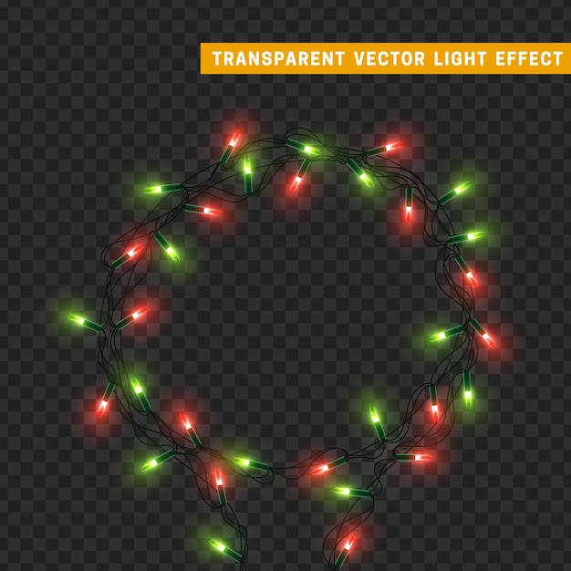 Ghirlanda della decorazione isolata luci di natale. lampade che brillano di una lampadina a led colorata al neon. decorazioni per le vacanze di natale. effetto luce di design 3d realistico. ghirlande di lampade elemento decorativo di capodanno. illustrazione vettoriale