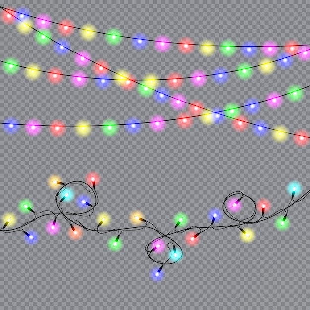 クリスマスライトは現実的なデザイン要素を分離しました。クリスマスホリデーカード、バナー、ポスター、ウェブデザインのための輝くライト。花輪の装飾。ベクトルイラスト。
