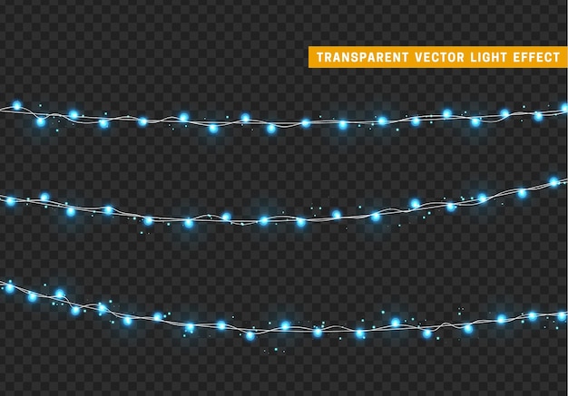 Christmas lights isolated realistic design elements. Xmas glowing lights. Garlands, Christmas decorations.