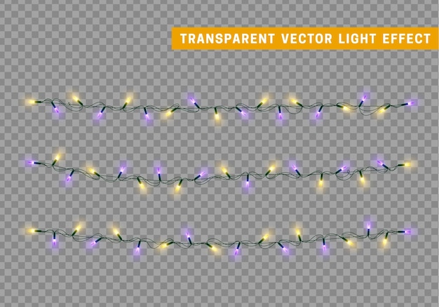 Christmas lights isolated realistic design. Lights garlands color yellow and lilac. Glowing Xmas decorations.