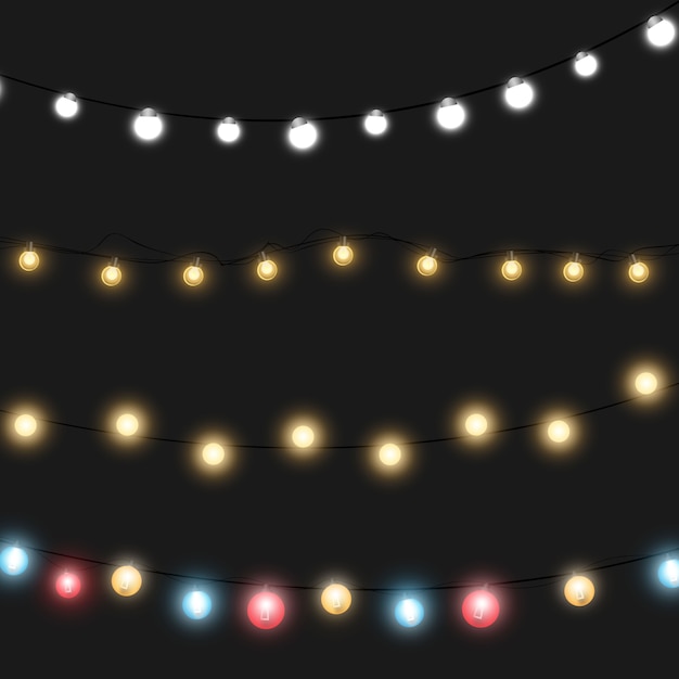 Vector christmas lights, isolated on a transparent background. glowing garland string lights.