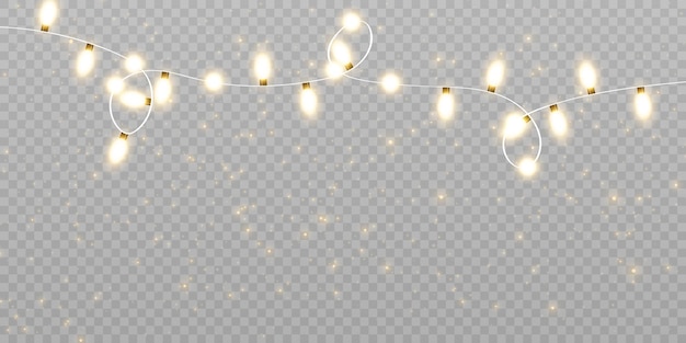 Christmas lights isolated on transparent background Golden Christmas glowing garlands with sparks