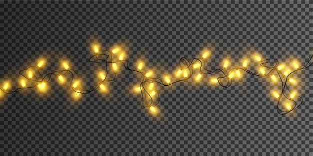 Christmas lights isolated on transparent background Set of golden Christmas glowing garlands Vector illustration