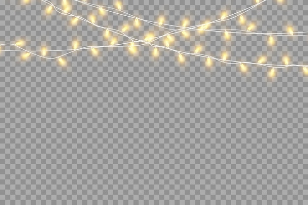 Christmas lights isolated on transparent background Set of golden Christmas glowing garlands Vector illustration