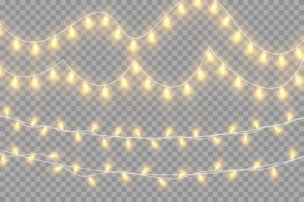 透明な背景に分離されたクリスマス ライト 黄金のクリスマス輝く花輪のセット ベクトル イラスト