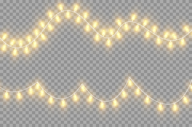 Christmas lights isolated on transparent background Set of golden Christmas glowing garlands Vector illustration