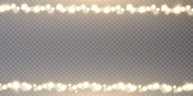 Christmas lights isolated on transparent background. Set of golden Christmas glowing garlands.