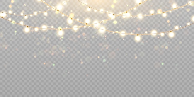 透明な背景に分離されたクリスマスライト金色のクリスマスの輝く花輪のセット