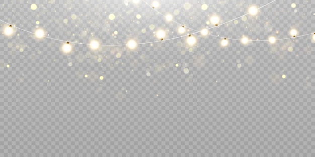 Christmas lights isolated on transparent background Set of golden Christmas glowing garlands