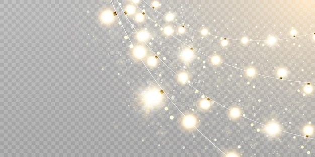 Christmas lights isolated on transparent background Set of golden Christmas glowing garlands