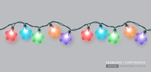 クリスマス ライトのシームレスなベクター デザイン。クリスマスのためのシームレスで連続的な星の形のクリスマスライト
