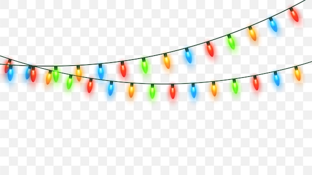Christmas lights set. Vector New Year decorate garland with glowing light bulbs