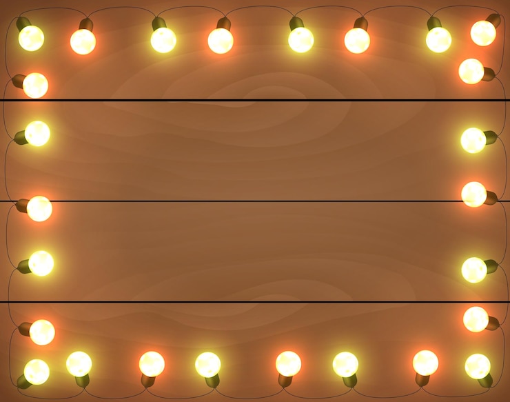 Vector christmas lights on wooden background frame with garlands horizontal wallpaper